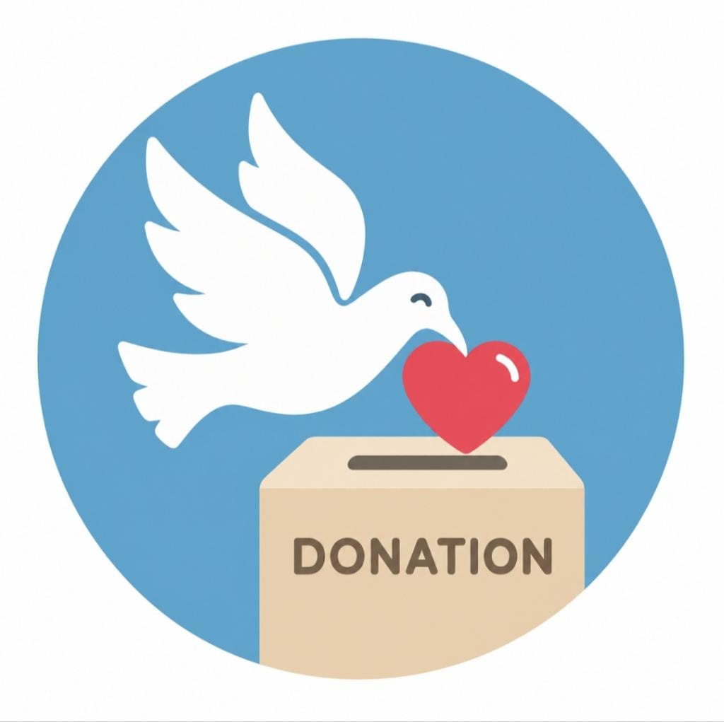 A dove carrying a heart toward a donation box